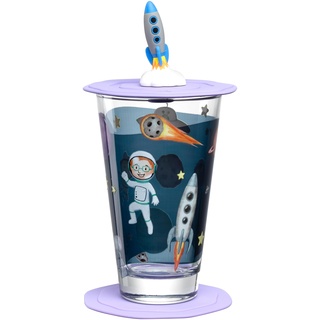 LEONARDO Bambini Avventura Kinderglas mit Deckel und Untersetzer - Trinkglas mit Motiv aus hochwertigem Glas - Größe L, Inhalt 300 ml - Spülmaschinengeeignet - 3-teiliges Set mit Motiv Weltall, 023673
