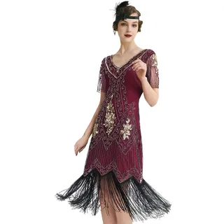 BABEYOND Damen 1920s Art-Deco Flapper Kleid mit V-Ausschnitt und Knie-Länge in Schwarz für Frauen, Vintage-Enthusiasten und Partygänger - XL