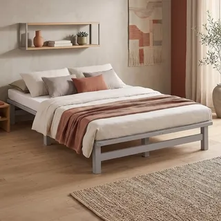 Homestyle4u Holzbett 90x200 120x200 100x200 140x200 mit Lattenrost Palettenbett Futonbett (Spar-Set, inklusive Lattenrost), 120x200, Grau, lackiert grau 120 cm x 200 cm x 28 cm