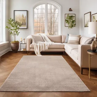 SIMPEX Teppich 120x170 cm Beige, Kurzflor, Einfarbig, Modern, Rechteckig, Rutschhemmend, Pflegeleicht, Teppichboden für Wohnzimmer, Schlafzimmer, Essbereich