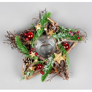 Teelichthalter, 22 cm, mit Holzzweigen, dekoriert mit roten Kugeln, Beeren, bronzefarbenen Sternen, Laub, Tannenzapfen, Tischdekoration für Weihnachten