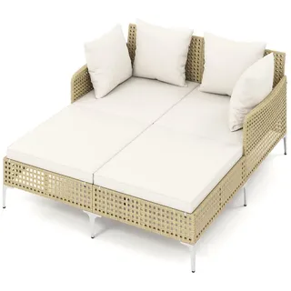 COSTWAY Loungebett, Outdoor Sonnenliege 2 Personen Rattan mit Kissen Gartenliege beige