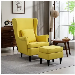 HOMCOM Relaxsessel Ohrensessel, Sessel mit Leinenoptik, Lendenkissen, Loungesessel (Set, 2-St., bestehend aus Sessel und Hocker), für Wohnzimmer Schlafzimmer Gelb gelb