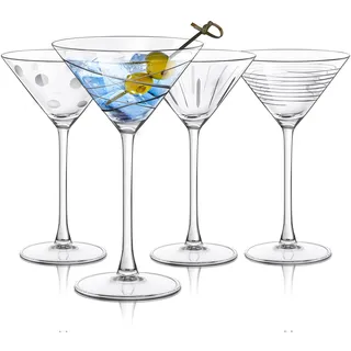 Joeyan 250ml Graviert Martini Gläser, 4er Set Kristall Cocktailgläser mit Linie Dot Muster,Klassische Schnapsgläser mit Stiel,Trinkgläser für Espresso Martini Cosmopolitan Manhattan,Spülmaschinenfest