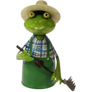 Lenzbach Zaunhocker Frosch Gärtner mit Rechen 22 cm Figur aus Blech Metall Garten Harke Pflanzenliebhaber Deko Garten Balkon Dekofigur Pfostenhocker Froschkönig