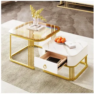 HAUSS SPOLE Couchtisch 2er Set Stapelbarer Couchtisch mit Glasplatte, Schublade Weiß, Gold (Stapelbarer Satztisch,Wohnzimmertisch, 2-St., 60*60*45+50*50*34 cm), mit Schubladen grau