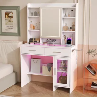 Schminktisch Mit Led-spiegel 90x40cm – Frisiertisch Mit Steckdosen, Haartrocknerhalter Und Gehärtetem Glas – Holz Und Glas – Weiß
