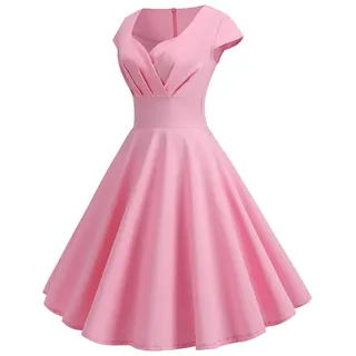 Dyhxuan 50er Rockabilly Petticoat Kleid Damen Hepburn Einfarbige Ballkleid mit A-Linien Swing Hohe Taille Partykleid Abiballkleid Brautjungfern Kleider, XXL, Rosa