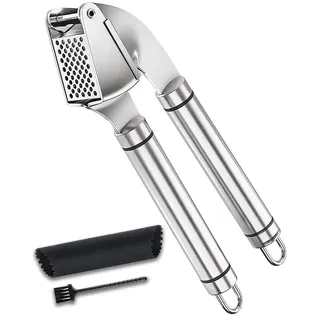Uleeso Knoblauchpresse Knoblauchschneider Garlic Press Praktischer Küchenhelfer Edelstahl Knoblauch Crusher Spülmaschinenfest | Leicht zu reinigende (Silber)