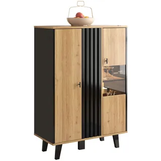 Merax Highboard, mit 8 Fächer inkl. LED,Vitrine mit Glastür,Sideboard Landhausstil beige
