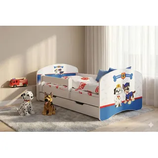 1x Happy Babies Kinderbett mit Rausfallschutz Junge 140x70 Bett für Kinderzimmer mit Schublade Matratze Einzelbett für Kinder Weiß Blau Hundemotiv - Weiß