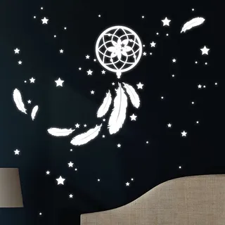 Wandtattoo Loft® "Fluoreszierender Traumfänger mit Federn, Punkten und Sternen" Leuchtaufkleber im Set 90 Teile/Fluoreszierende leuchtende Sticker für das Kinderzimmer