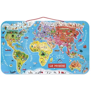 Janod - Magnetisches Weltkarten-Puzzle aus Holz, 92 magnetische Teile, 70 x 43 cm, französische Version, Lernspiel für Kinder ab 7 Jahren, J05500 Metallisches Silber