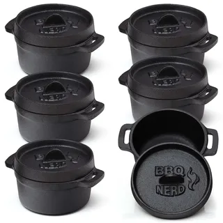 BBQ-Nerd® 6er Set Mini Dutch Oven | Kleiner Gusseisentopf mit Deckel 11x5cm für Grill, Feuerstelle, Backofen, Herd ? Serviertöpfe Kochtopf Schmortopf