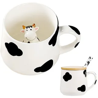 BigNoseDeer Süße Sachen Keramik Kuh Kaffeetasse Teetasse Deckel Löffel Lustige Tassen Geschenke für Frauen Kaffeebecher Personalisiert Cappuccino 3D Tasse Beste Freundin Geburtstag Weihnachtsgeschenke
