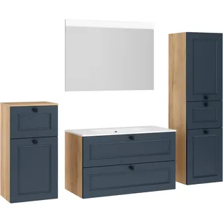 nobilia® Badmöbel-Set Cascada, (Set, 4-St., mit Waschbecken, inkl. beleuchtetem Spiegel mit Touch-Sensor), vormontiert, mit Soft-Close, in vier Breiten blau 210 cm x 169 cm x 48,7 cm