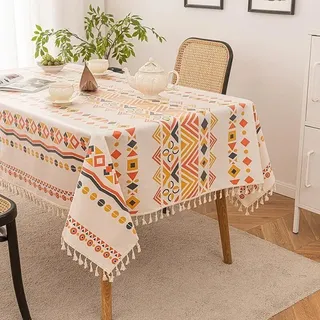 Runde Tischdecke Mit Quasten Im Bohème-stil, Wasserfest, Farbig Und Schwarz-weiß – Esstischdecke – Festlich – Für Drinnen Und Draußen (farbe: 140 X 180 Cm)