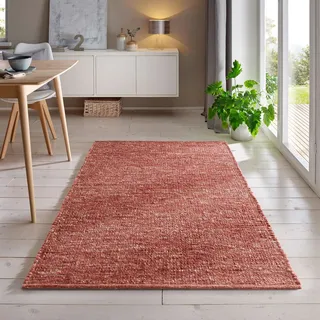 Handweb-Teppich aus Schurwolle in Skandinavischem Landhaus Design in vielen aktuellen Farben für Wohnzimmer, Esszimmer, Schlafzimmer, Flur, auch als Läufer beidseitig verwendbar rot 120x170 cm