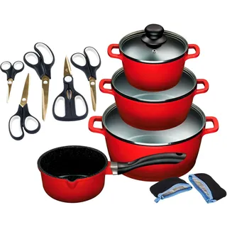 KING Topf-Set ALUGUSS, Aluminiumguss (Set, 14-tlg., je 1 Kochtopf 16/20/24 cm, 1 Stieltopf 16 cm, Scheren-Set, Grips), Deckel Silikonrand,Antihaft-Beschichtung,Induktion rot|schwarz