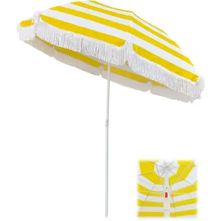 Sonnenschirm Strand UV 50+ Gelb Gestreifter Balkonschirm Strandschirm 180cm Gartenschirm Wasserdicht Tragbarer Sonnenschirm Fransen Mit Neigung Terrassenschirm Perfekt Für Garten Rasen Pool