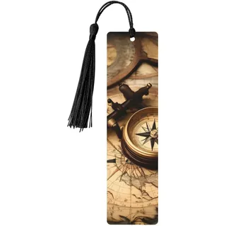 Lesezeichen aus Holz mit Kompass und alter Weltkarte, bunte Quaste, Lesezeichen, Ornamente für Handwerk, Weihnachten, Hochzeit