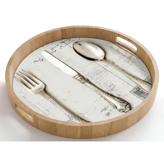 OnlyWow Tablett Rund mit Henkel Silber - Besteck - Holz, Eichenholz, (1-tlg), Servierbrett Groß, Tischdeko, Platte, Tisch Deko silberfarben 50 cm x 50 cm x 5 cm