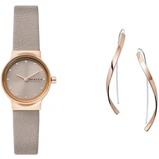 Skagen Damen Freja Lille Graue Lederuhr und Kariana Roségoldfarbene Edelstahl Ohrringe, Set
