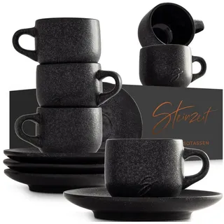 Steinzeit Espressotasse (6x80ml) - Espressotassen Set mit Untertassen - 100% Handfertigung, Keramik, - spülmaschinenfest - stapelbar schwarz