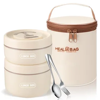 Dandat Tragbare isolierte Lunch-Behälter, Thermo-Bento-Box mit Tasche, Gabel, Messer, Edelstahl-Lunchbox, 430 ml, 595 ml, separate, stapelbare Lebensmittelbehälter für Erwachsene, Männer, Frauen