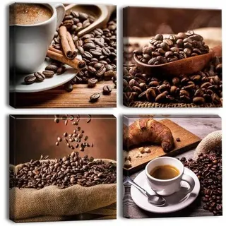 4er Set Leinwandbilder Kaffeebohnen & Kaffee Motiv 30x30 cm Wandbild