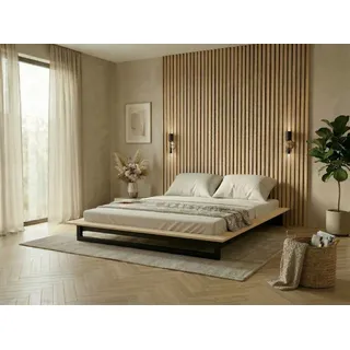 OTTO home Futonbett Kobe, Massivholzbett aus Kiefer im Industrial Design, 200 KG belastbar (Liegefläche 140x200cm), stabiles Kufengestell, rundum Ablagefläche, FSC, Made in Europe beige|schwarz