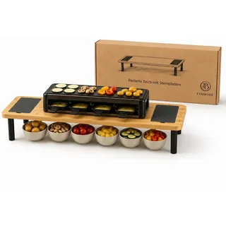 FINNIBE Raclette Tisch aus Bambus mit integrierten Schieferplatten Tischerhöhung für mehrere Personen, Serviertisch und Fondue Tisch für gemütliche Raclette Abende