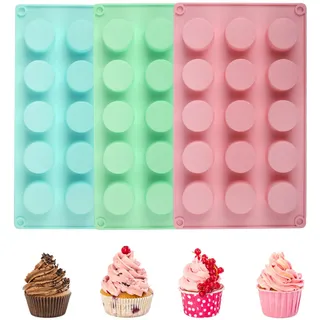 RNHDLY Mini Muffinform Silikon 3 Stück 15 Mulden Minimuffinform Silikon, Zylinder Mini Muffins Backform, Silikon Muffinform für Cupcakes, Handgefertigte Seife, Muffin, Käsekuchen, 3 Farben