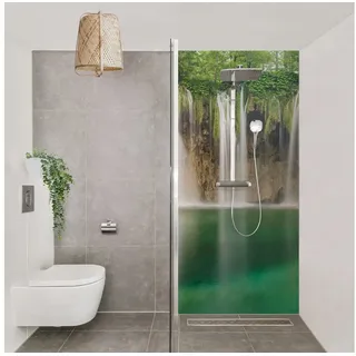 Bilderdepot24 Duschrückwand Wasserfall grün Duschrückwand ohne Bohren Wald Natur, (1-tlg., 0,61 mm starke Folie selbstklebend Wandpaneele Dusche versch. Größen), fugenlose & wasserfeste Motiv Rückwand Wandverkleidung für Duschkabine grün 100 cm x 190 cm