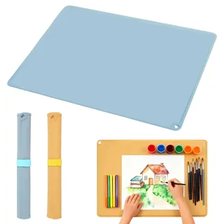 2 Stück Malunterlage für Kinder 60x40cm Bastelunterlage Silikonmatte Groß Bastelunterlage Kinder Antihaft, Knetunterlage Kinder Tischset Silikon für Malerei, Handarbeit, Harz, Sandkunst (Blau, Gelb)