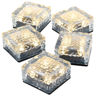 5er Set Solar Glasstein Pflasterstein Bodenleuchte Dekoleuchte mit 4 LED 10 x 10 x 5 cm robustes Milchglas mit Akku & Dämmerungssensor warmweiß