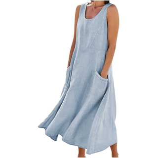 AACH Damen Leinenkleid Sommer Kleid Baumwolle Leinen Freizeitkleid Knielang Strandkleid U-Ausschnitt Sommerkleid Ärmelloses Boho Leinenkleider Einfarbig Strandkleider mit Taschen Kleider - XL