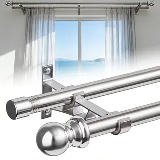 Doppelte Gardinenstangen, 2,5 cm schwere doppelte Fensterstangen, 76–110 cm verstellbare Gardinenstangen für Glasschiebetüren, Terrassen, Schlafzimmer, silber