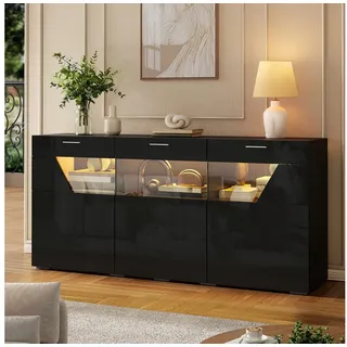 Merax Sideboard mit 3 Türen und Glasfront, Wohnzimmerschrank mit LED-Beleuchtung (160x38x78 cm, 1 St), Kommode mit trapezförmigem Sichtfenster & Hochglanz-Oberfläche schwarz