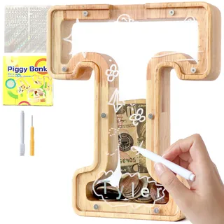 Lakpopya Spardose Kinder Buchstaben aus Holz für A-Z Personalisiert Sparschwein Durchsichtig Alphabet Sparbox, Geschenk Dekoration Taufe für Jungen Mädchen (T)