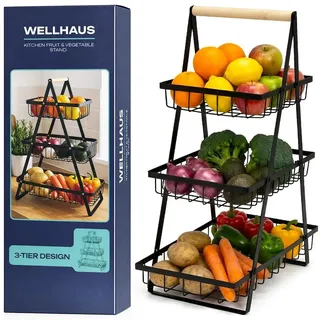 WELLHAUS 3-Etagen Obst Etagere aus Kohlenstoffstahl – Abnehmbarer Obstkorb für Obst, Gemüse & Snacks, Schwarz - Schwarz