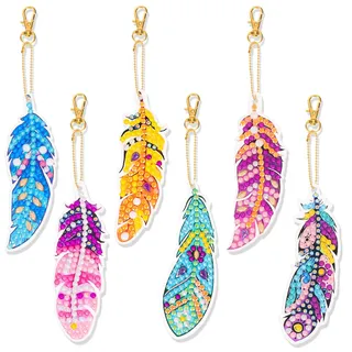 JSRQT 5D Diamond Art Painting Anhänger Set, 6 Stück Feder Daimond Art Painting Schlüsselanhänger, Doppelseitige DIY Diamond Art Painting Kinder Schlüsselbund für Damen Mädchen Handtasche Dekoration