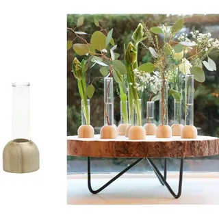 NaDeco Reagenzglas Vase aus Holz, Packung mit 2 Stück, in Zwei Größen wählbar | Reagenzgläser für Blumen | Hydroponische Vase | Dekovase | Glasvase mit Ständer | Glasvase Zylinder, Größe:h.10 Ø2cm