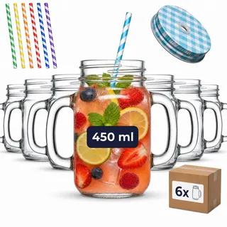 gouveo 6er Set Trinkglas 450 ml (0,45 l) mit Henkel und Schraubdeckel silberfarben + blau – Henkelglas mit Mehrweg-Trinkhalm aus Hartkunststoff für Garten, Bowle, Cocktails (TGH450SB)