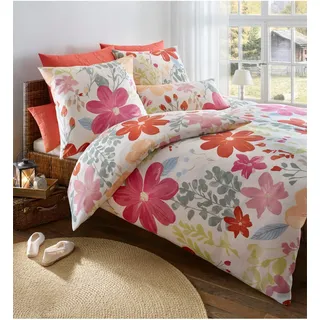 Bettwäsche HEINE HOME Gr. 5, pink (weiß, fuchsia, bedruckt), B/L: 135cm x 200cm, Mako-Satin,Mako-Satin, B/L: 40cm x 80cm, 2 Stk., Mako-Satin;Mako-Satin, 100% Baumwolle, Bettwäsche, Bettwäsche
