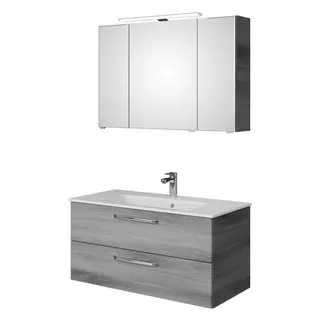Saphir Badmöbel-Set »Trentino 2-tlg Mineralmarmor-Waschtisch, Spiegelschrank mit LED-Profil«, (3 St.), Badmöbel-Set 110cm breit, inkl. Türdämpfer, 3 Türen, 2 Auszügen, grau