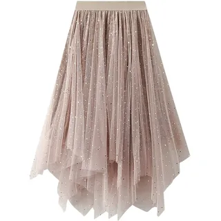 Tüllrock Damen Große Größen Lang Tüll Rock Midirock Elastischer Hoher Bund Asymmetrisch Mesh Lagenrock Netzstoff A-Linie Midi-Swing-Rock Faltenrock