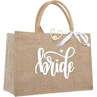 ZRUEWOT Bride Jute Tragetasche Hochzeit Braut Tasche mit Schriftzug Bride und Weiß Band Brauthandtasche Schleifenband Geschenk für Brautdusche Junggesellenabschied Team Bride JGA Accessoires - Mittelgroß