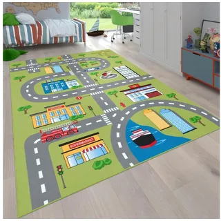 Paco Home Kinderteppich Bino 570, rechteckig, Höhe: 4 mm, Kurzflor, Straßen-Spiel-Teppich, Kinderzimmer grün 160 cm x 220 cm x 4 mm