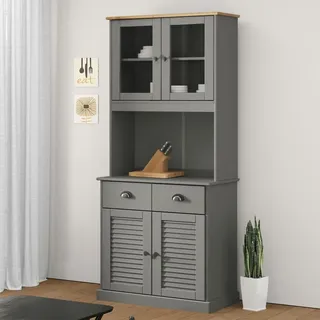 Festnight Küchenbuffet Highboard Schrank Buffetschrank Küchenschrank Geschirrschrank Esszimmerschrank Vitrinenschrank Landhausstil Kiefer Massivholz Grau